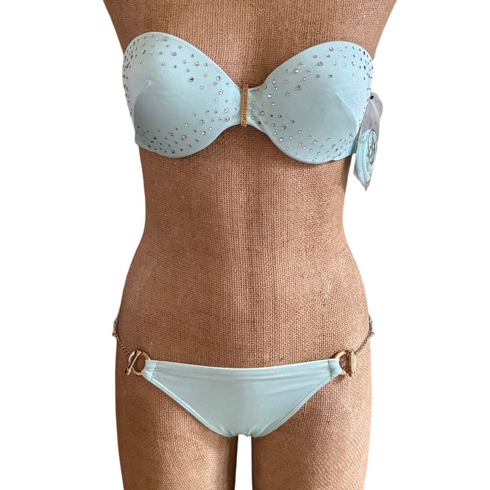 Victoria Secret Push Up Bikini Bathing Swim Suit Rhinestone Gold Hardware XS